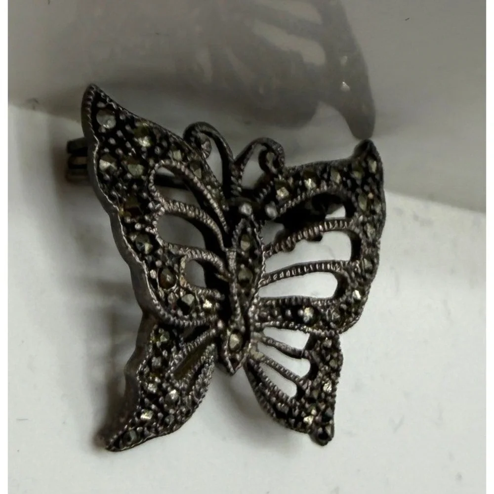 Vintage 925 Sterling Silver Marcasite Butterfly Brooch Pin Art Deco Style 5.68g